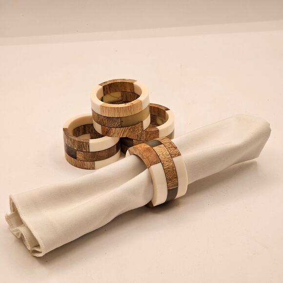Wood Segments Napkin Rings Set of 4 Patchwork Design Elegant Dining Table Decor - Picture 4 of 4